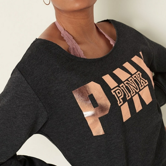 PINK Victoria's Secret Rose Gold Logo Metallic Cropped Sweatshirt Size: XS NWT - Picture 3 of 10